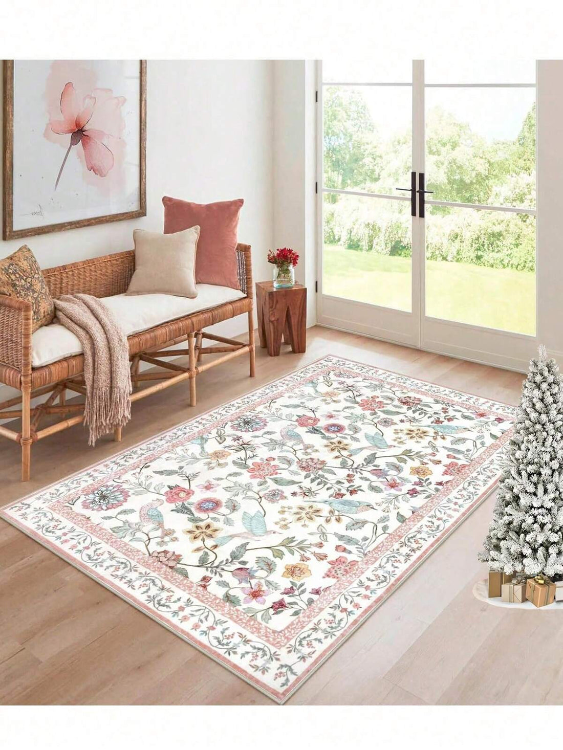 1pc Luxury Bohemian Vintage Pink Floral Rug, Non-Slip And Machine Washable, Perfect For Living Room, Bedroom, Hallway - Elegant Courtyard Design With Vibrant Flowers And Baroque Patterns, Indoor Rug | Floral Pattern Rug, Living Room Carpet
