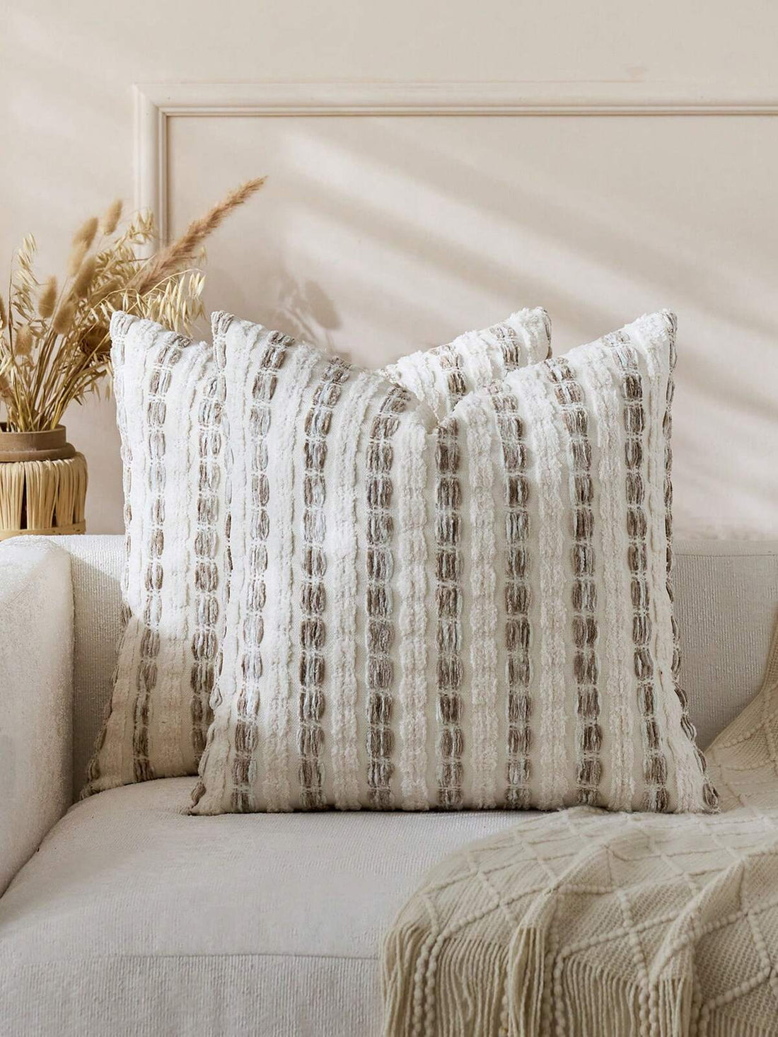 1pc/2pcs Set Beige Thick Striped Throw Pillow Cover, Bohemian Farmhouse Chenille Cushion Cover, Neutral Color Pillow Sham For Sofa, Bed, Bedroom, Dining Room, Party, Decor, All Season