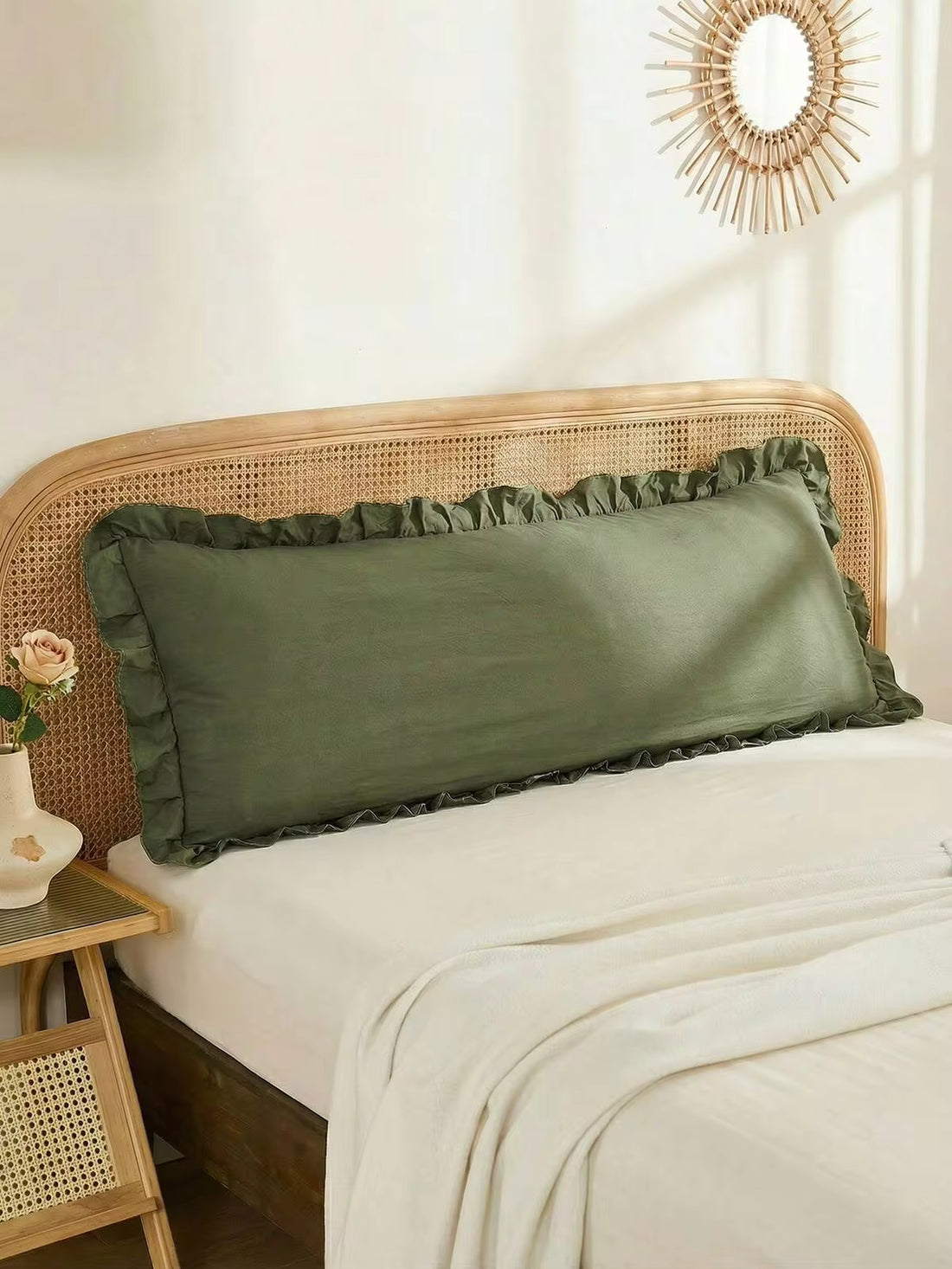 1pc Bohemian Ruffled Long Pillow Case - Soft Polyester Fabric, Olive Green Texture, Suitable For Bedroom Sofa - Decorative Lumbar Pillow, Winter Decor, Unisex, All Season