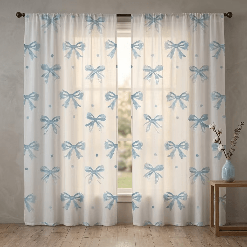 2pcs Light Blue Polka Dot Bow Curtains, Sea Salt Romantic Style Rod Pocket Curtains Suitable For Bedroom Living Room, Sweet Style Decorative Curtains, Versatile Curtains, Suitable For All Seasons, Machine Washable, Living Room Curtains