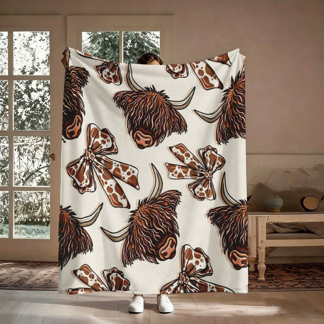 1PC Highland Cow Print Flannel Throw Blanket 50"X60" - Printed With Cream Background, Fluffy Brown Cow Head With Long Horns, Cow Print Bow, Tapestry Wall Hanging, Cow Lover Gift, Room Decor For Bedroom Or Dorm
